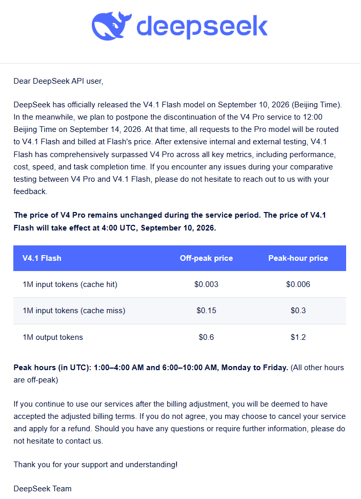 DeepSeek's September 10, 2026 customer notice announcing the V4.1 Flash release, API prices, and V4 Pro transition