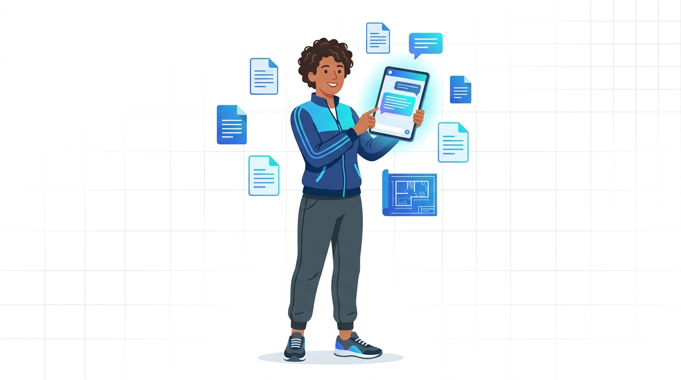 AI knowledge base accessed on a tablet: Lululemon-inspired illustration
