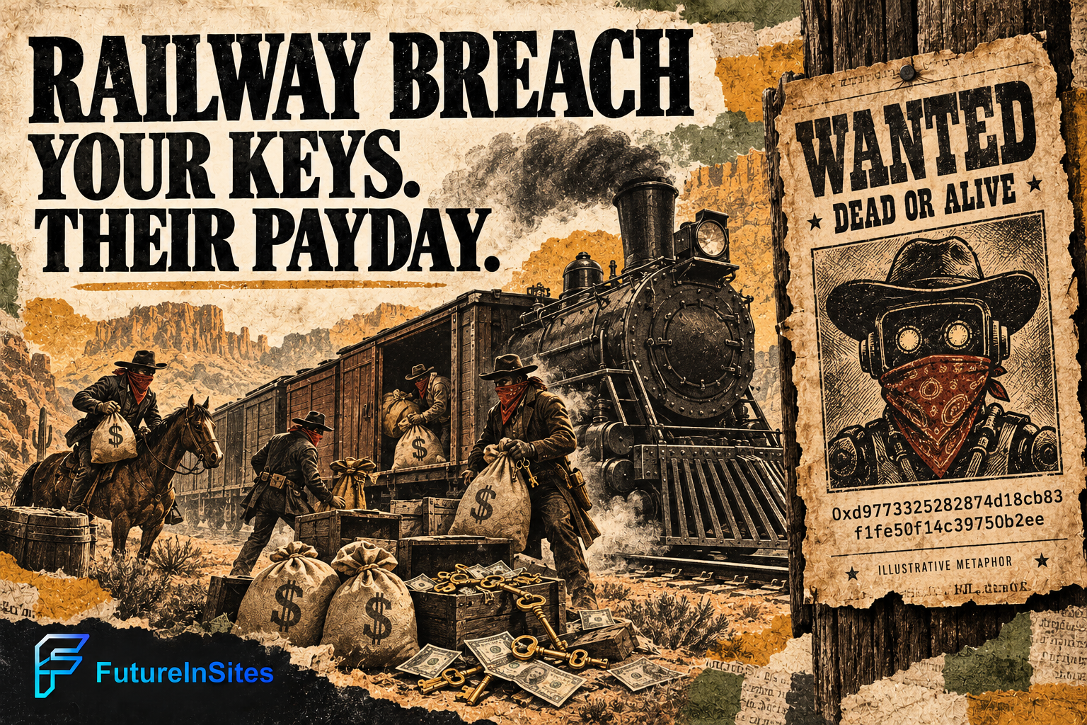 Railway breach: Your keys. Their payday. Illustrated Old West train robbery with masked outlaws, money, keys and a bot wanted poster.
