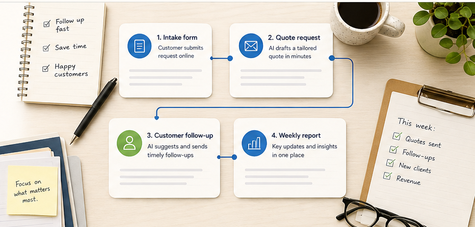 AI workflow over a warm desk workspace showing intake form, quote request, customer follow-up, and weekly report steps