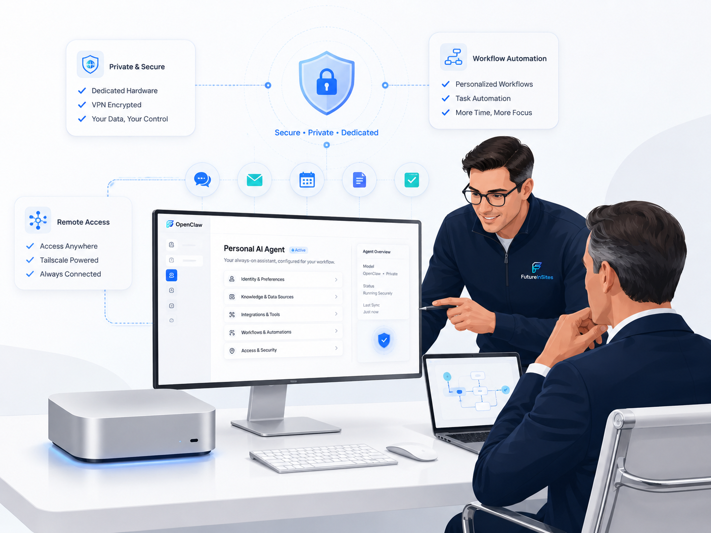 Personal AI Agent setup: dedicated hardware, private VPN, integrated with Telegram, Gmail, and Google Calendar.